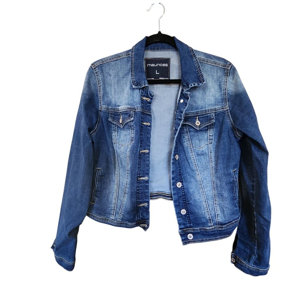 Maurices Womens Blue Denim Jacket L Fitted Button-Up Casual Long Sleeve